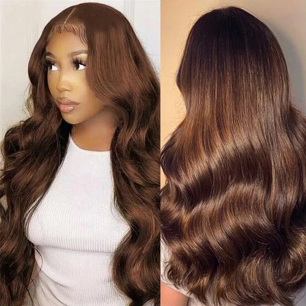 Perruque Lace Body Wave Naturelle Brun Chocolat pour Femme, Cheveux Humains, Brun Foncé, 13x4, 13x6, HD, 18, 36 Pouces, Densité 180, 200