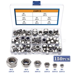 150/182Pcs M3 M4 M5 M6 M8 M10 M12 Nylon Self-locking Nuts 304 Stainless Steel Hex Hexagon Self locking Nut Assortment Kit