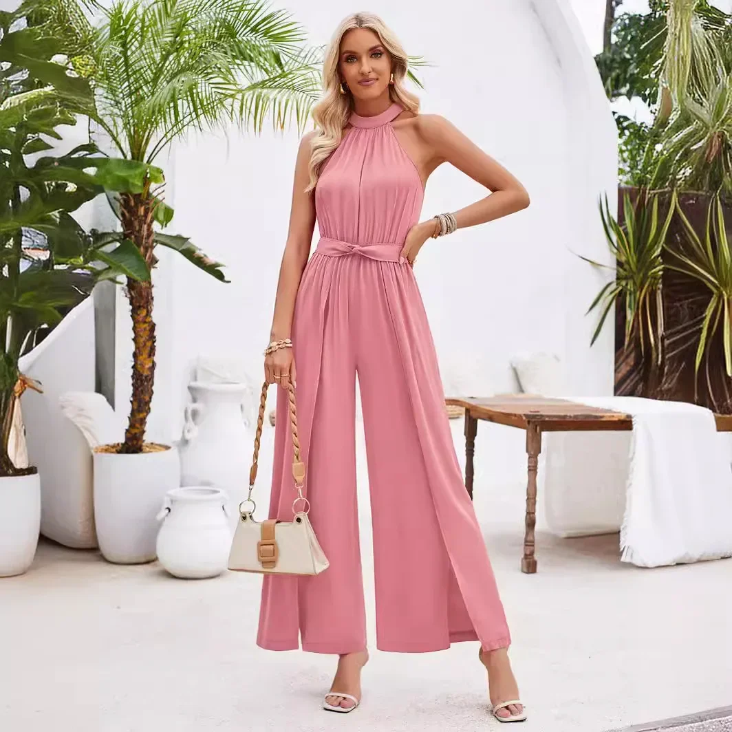 

2025 Summer Women Jumpsuits Sexy Neck-mounted Jumpsuits For Women Lace-up Long Jumpsuits Ladies Straight Wide Leg Overalls 2025