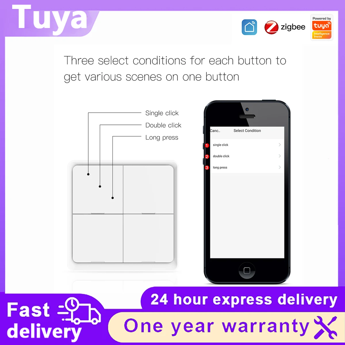 Tuya ZigBee 4 Gang Wireless Scene Switch 12 Scenarios One‑key Mode Control Battery Powered Smart Home Automation Button