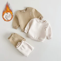 Winter Boys and Girls' Clothing Thickened Plush Daisy Flower Embroidery Warm Sweatshirt+Pants Children's Sportswear 2 Piece Set