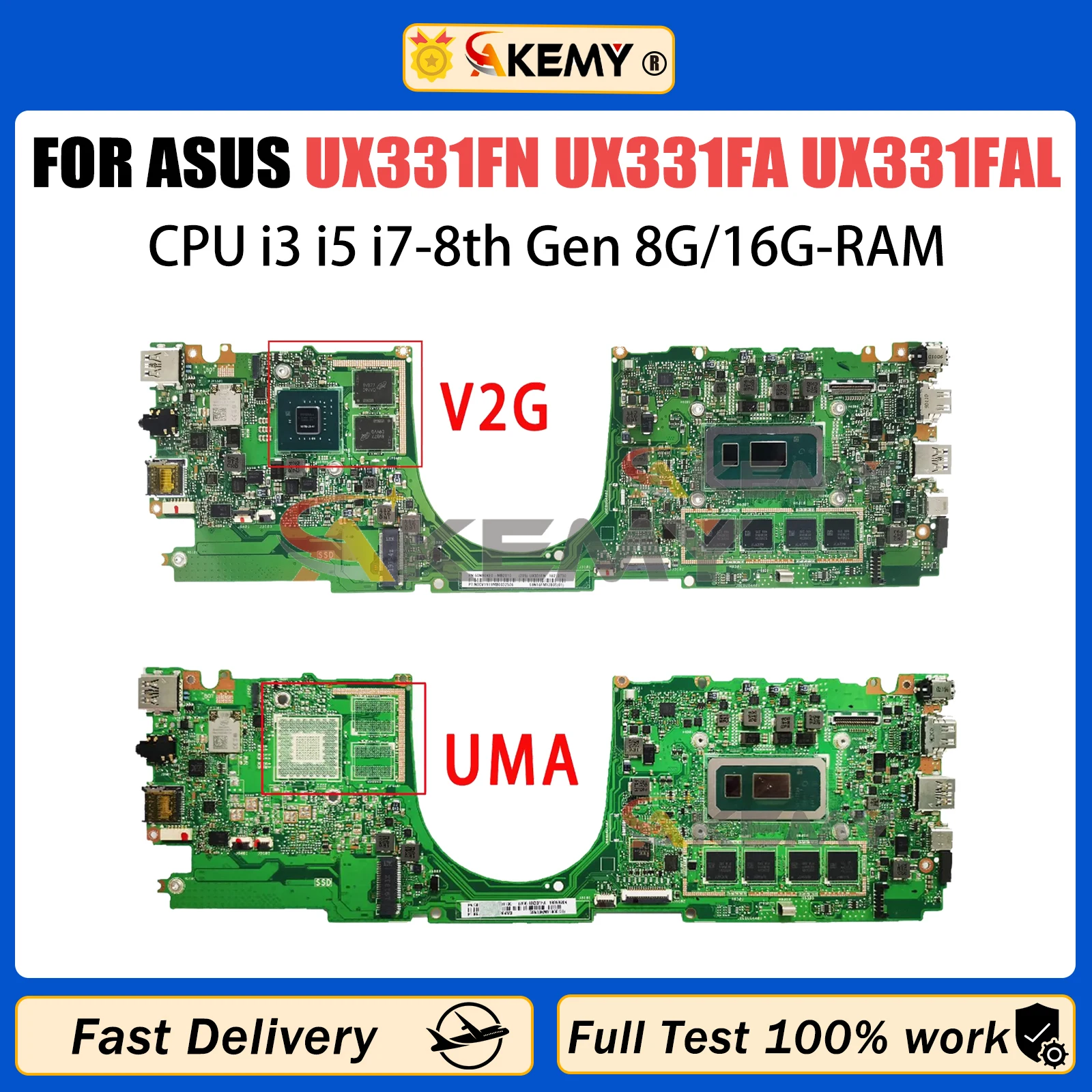 

AKEMY UX331FN Mainboard For ASUS UX331FAL UX331FA BX331F UX331F Laptop Motherboard With I3 I5 I7 8th CPU V2G/UMA 8G/16G RAM