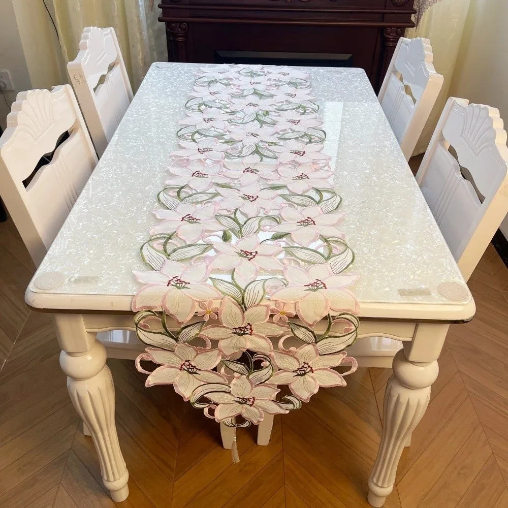 Long Strip Embroidered Table Runner Hollow Design with Tassel Tablecloth European Style Flower Table Mat Holiday Party