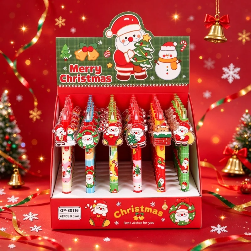48pcs/lot Kawaii Christmas Santa Claus Press Gel Pen Cute 0.5mm Black Ink Signature Pens Office School Supplies
