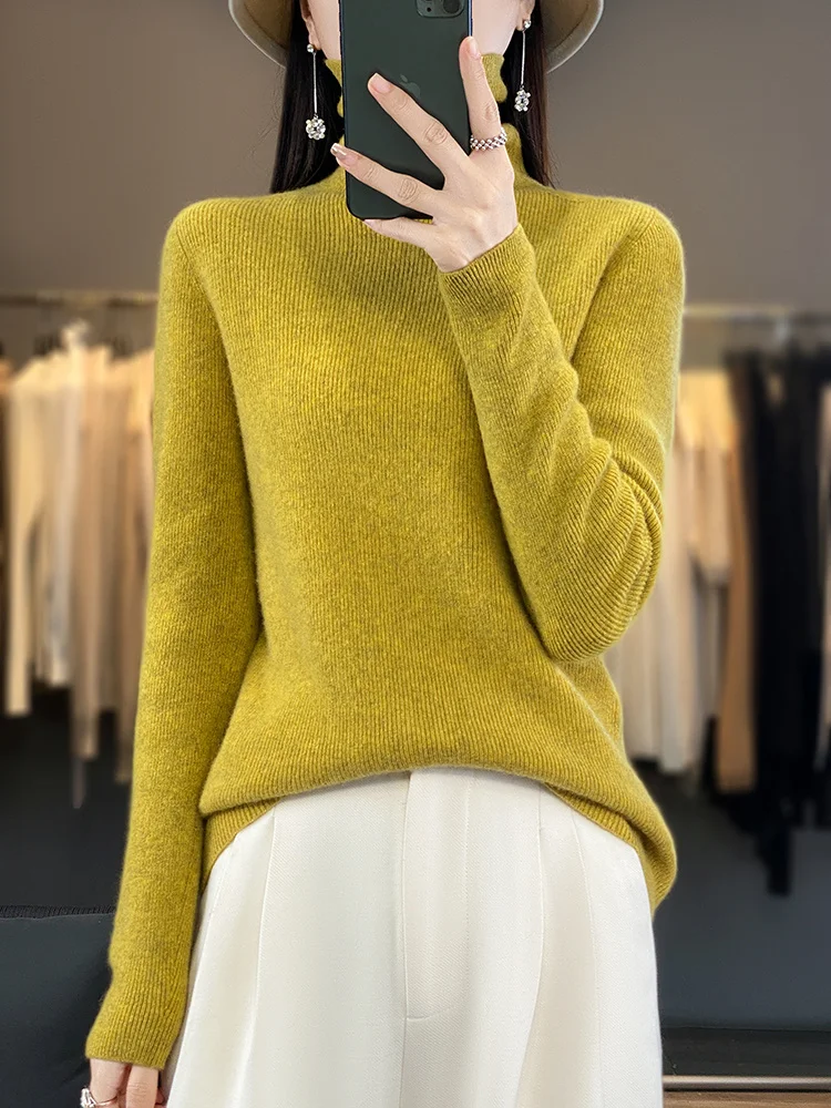 

Warm Turtleneck Long Sleeves 100% Merino Wool Comfort Soft Women's Autumn Winter Pullover Sweater Solid Knitted Clothing Tops