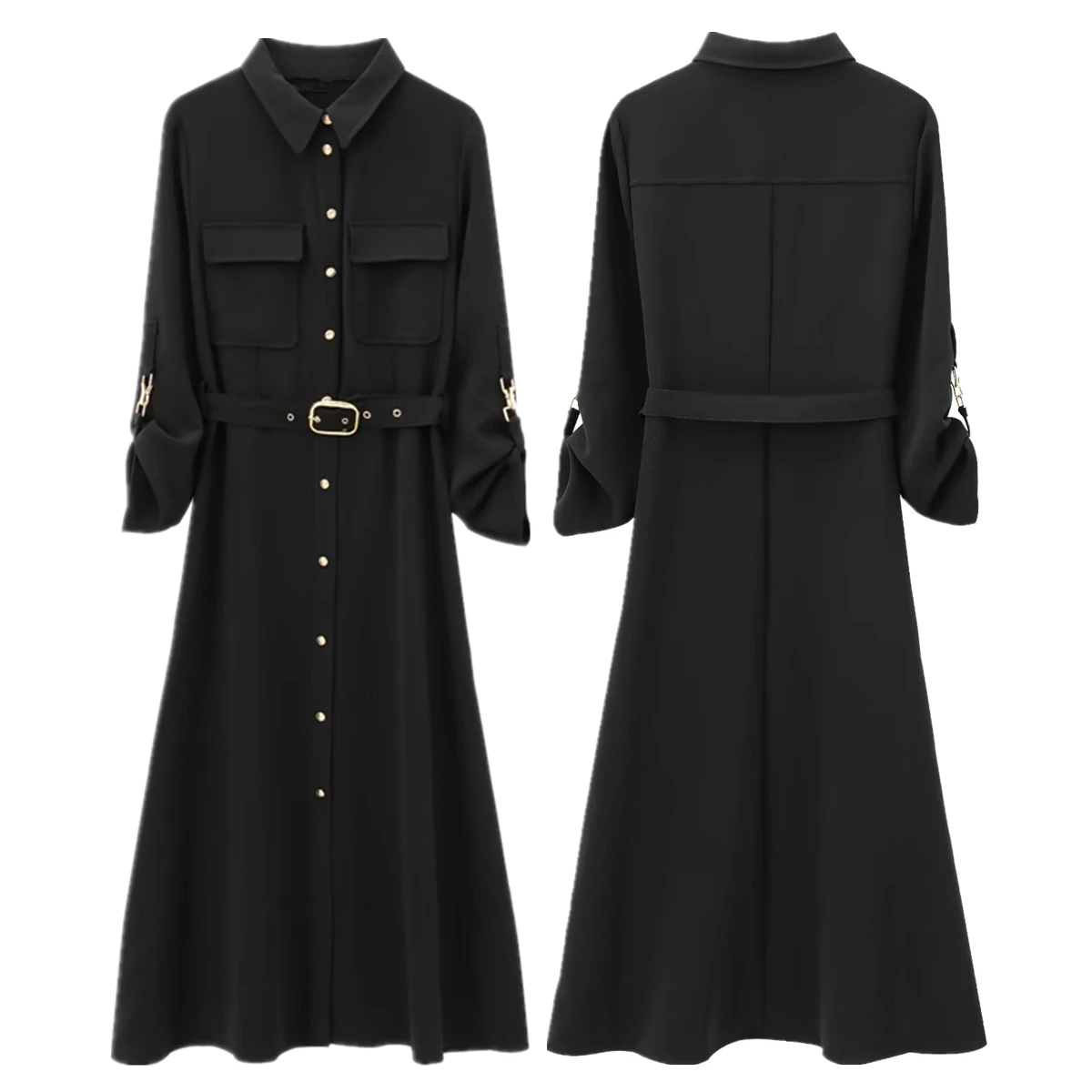 

Maxdutti Minimalist Black Commuter Dress With Gold Buckle Loose And Elegant MIDI Dress Women