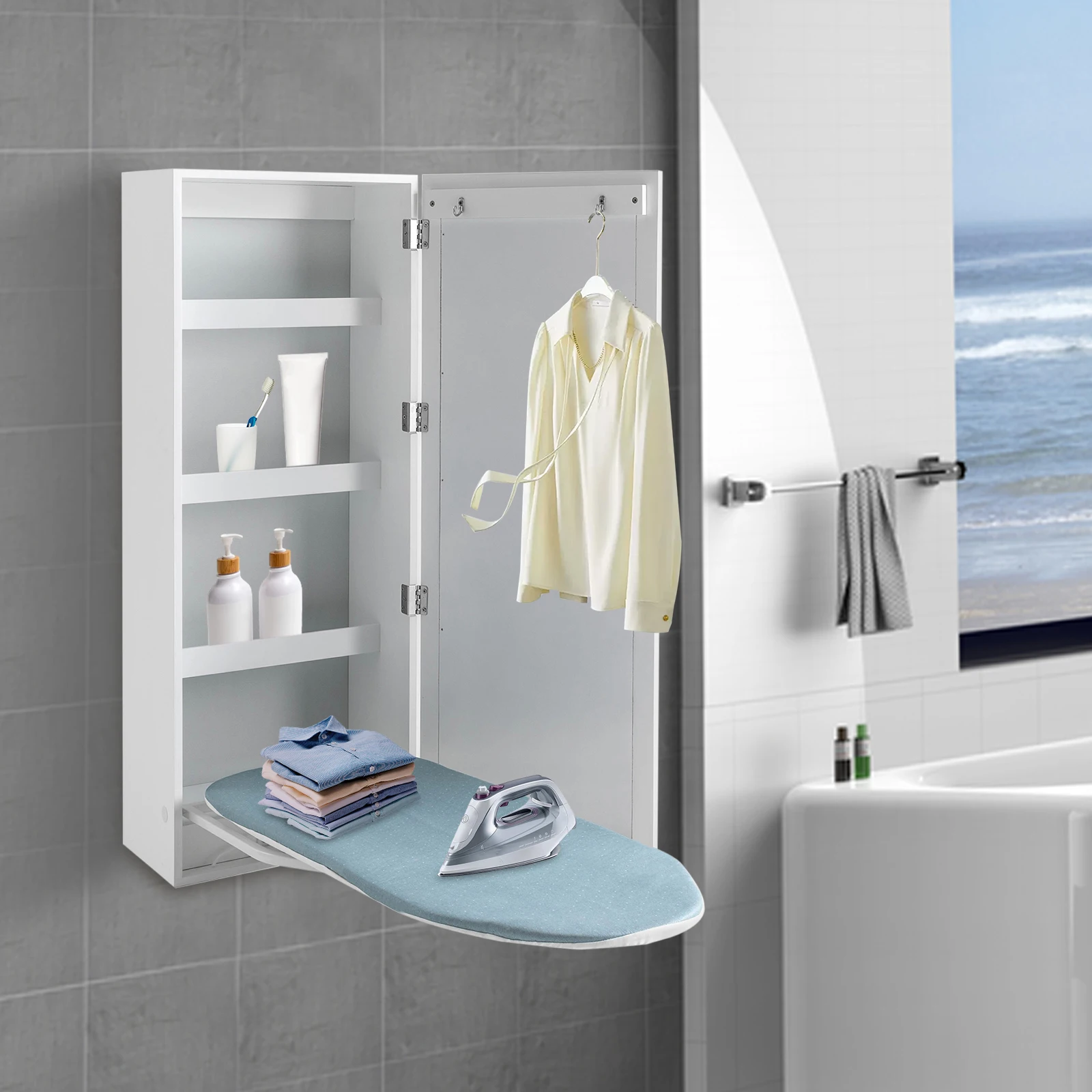 Wall-Mounted Wardrobe Storage Ironing Cabinet Board Mirror Foldable Rotating Wall Mounted Concealed Iron Table