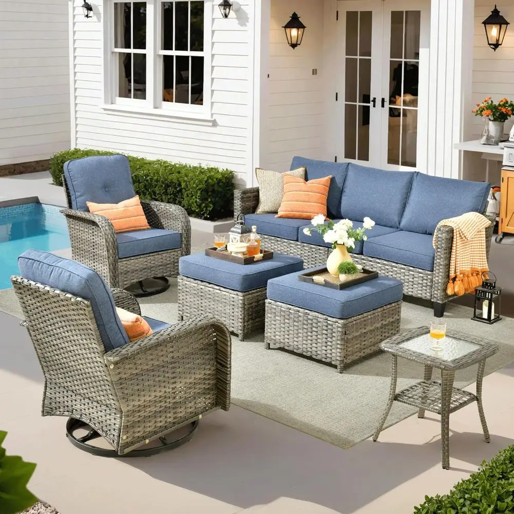 

6-Piece Outdoor Wicker Sofa Set with Rocking Swivel Chairs and Comfortable Cushions, Deep Seating Rattan for Patio, Deck, or Por