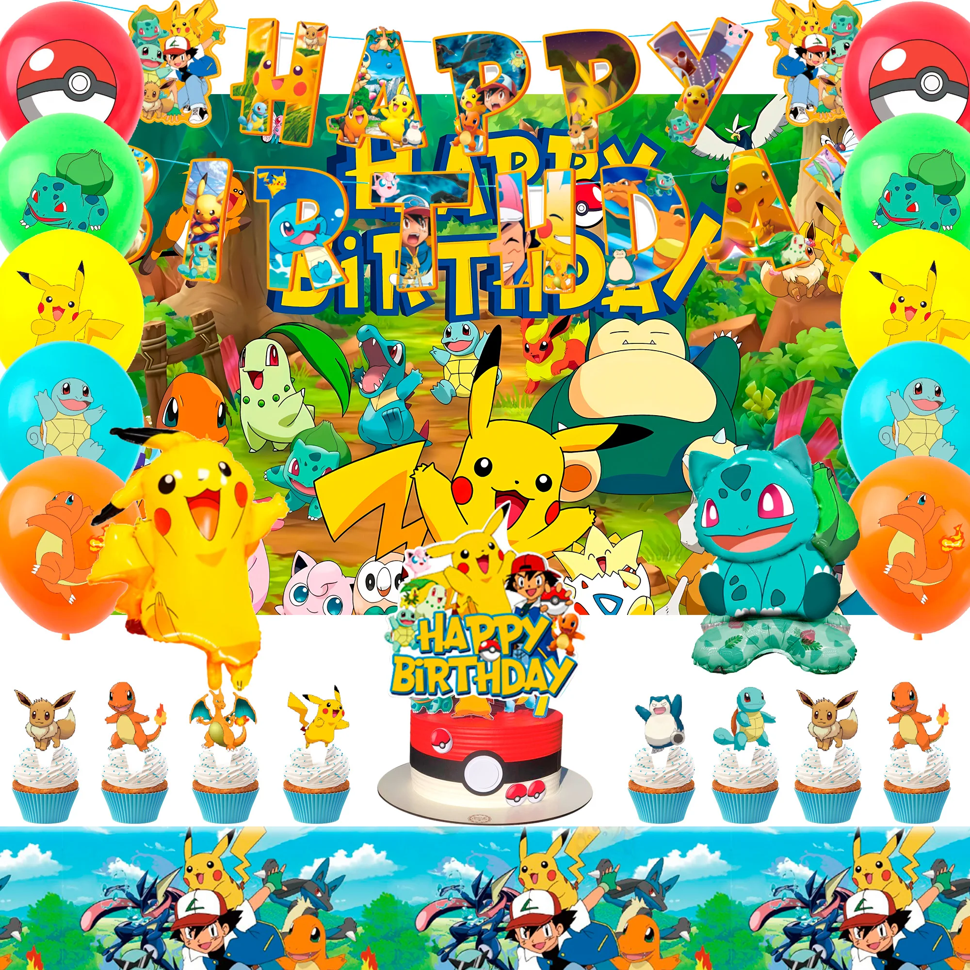 38-teiliges Pokemon-Geburtstagsdekorations-Set - Pokemon-Banner, Luftballons, Tischdecke usw. Pokemon-Partydekoration für Pikachu-Partyzubehör