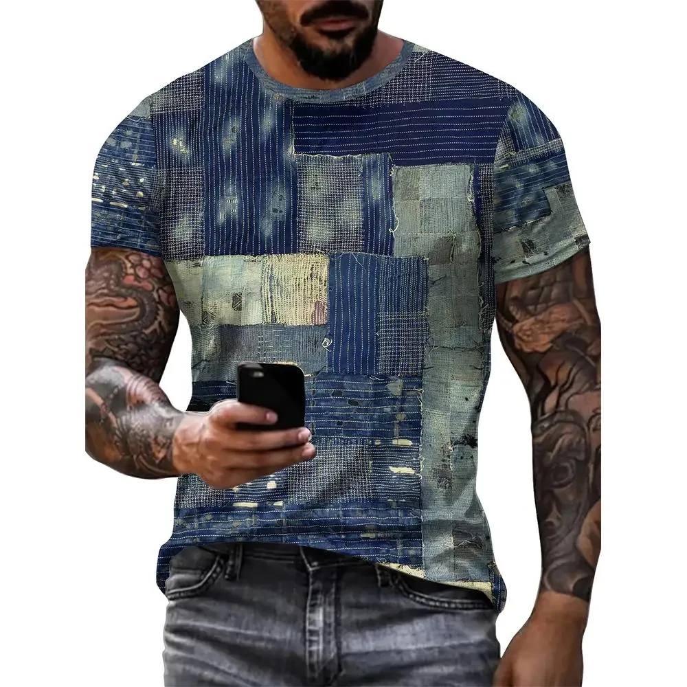 

Vintage T-Shirt For Men Patchwork Denim Graphic Tee 3D Printing Short Sleeve Casual T Shirt Oversized Men's Clothing Tops Summer