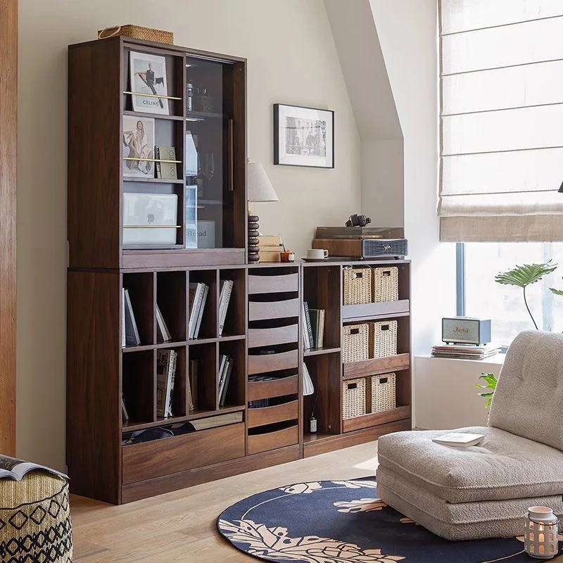 Combinação de estante integrada de madeira maciça, porta deslizante de parede para sala de estar, armário de chão, porta de vidro, cabine de exibição de armazenamento