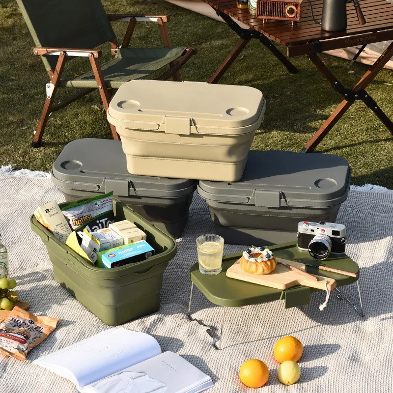 

Camping Box Storage Bins Outdoor Collapsible Picnic Basket Folding Shopping Large Capacity Bucket Foldable Basket With Lid