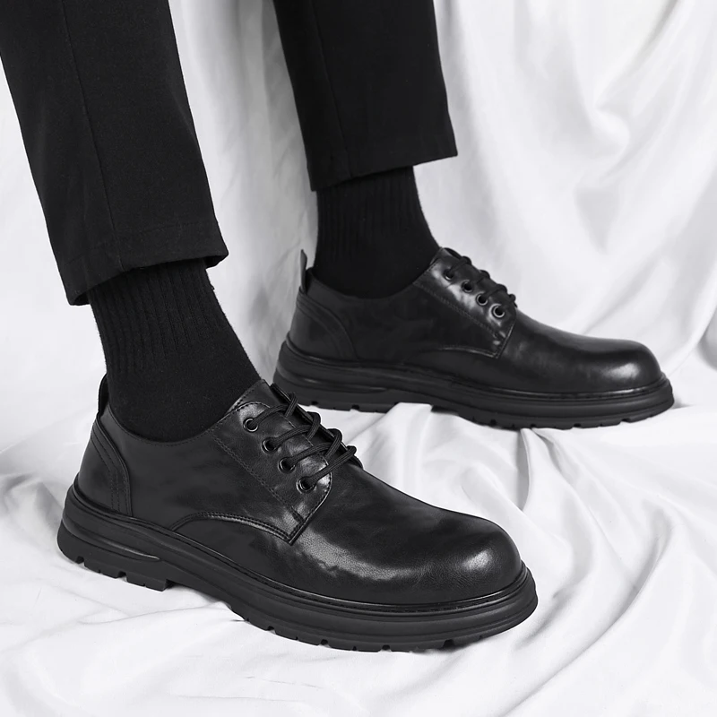 Brand Mens Round Toe Breathable Derby Shoes Autumn Classic Men Genuine Leather Comfortable Lace Up Business Casual Leather Shoes