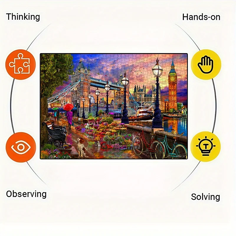 Londoner Wahrzeichen-Puzzle für Erwachsene, Reisethema Großbritannien, Intellektuelles Spiel, Heim-Freizeit-Dekoratives Puzzle-Spielzeug mit Blumen & Ri