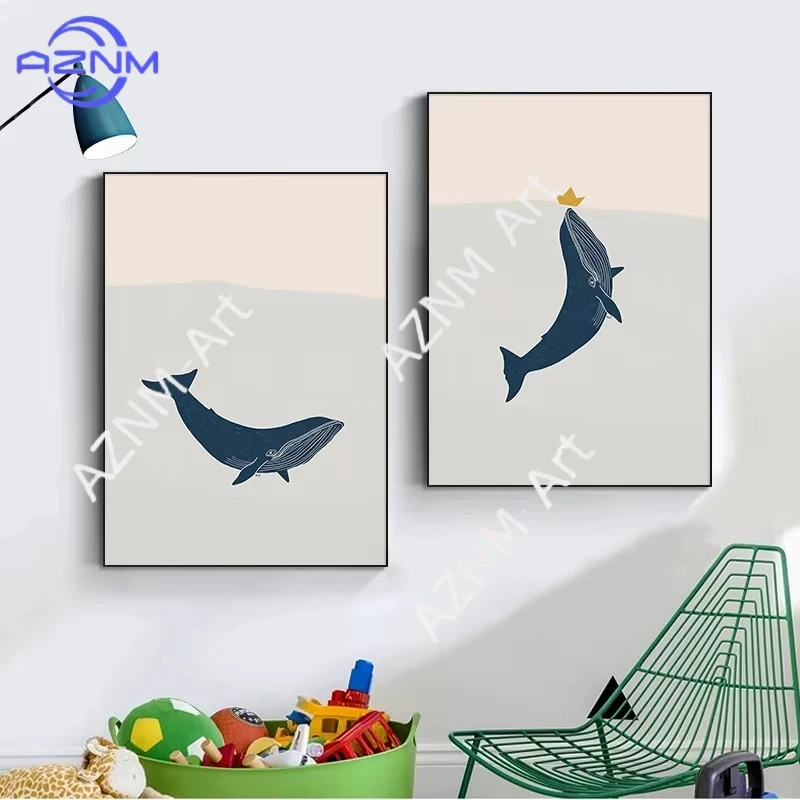 Humpback Whale Sailing Boat Cartoon Poster Prints Ocean Animals Nautical Nursery Wall Art Canvas Painting for Kids Room Decor