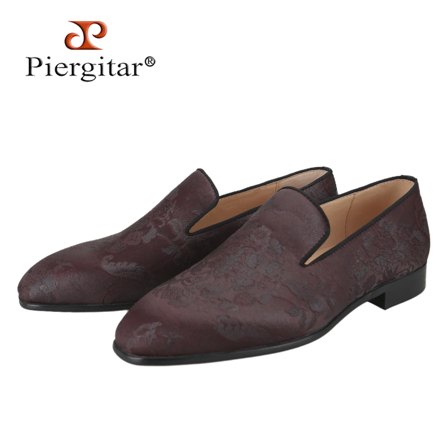 Piergitar New Chinese Style Reddish Brown Handmade Totem Gambiered Guangdong Gauze Men's Loafers For Wedding And Formal Wear