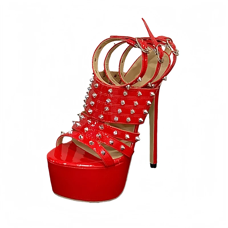 

Red Stiletto Heeled Sandals Woman Ankle Buckle Platforms Shoes Summer Rivet Party Shoes Ladies High Heels 17cm Big Size 42