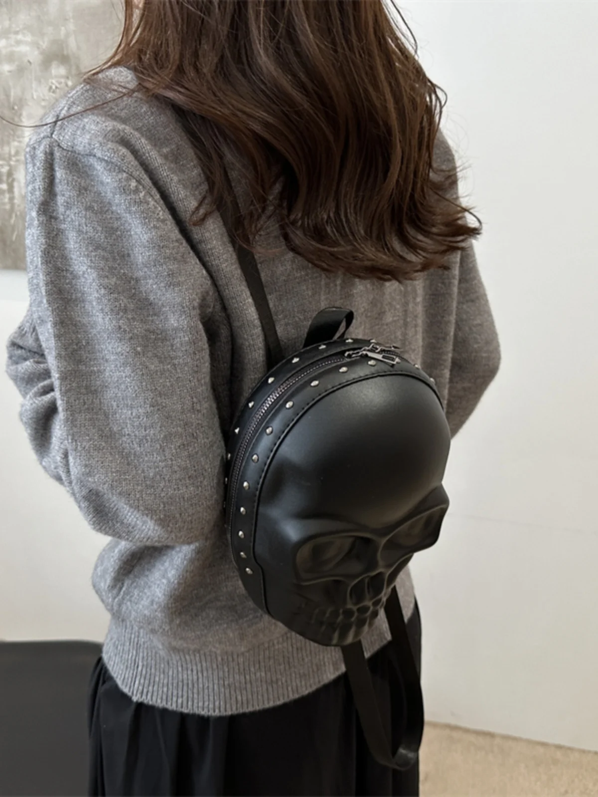 Halloween Skeleton Print Rivet Dual Shoulder Backpack Trendy Unique Design Waterproof PU Material Commuter Style Bucket Shape