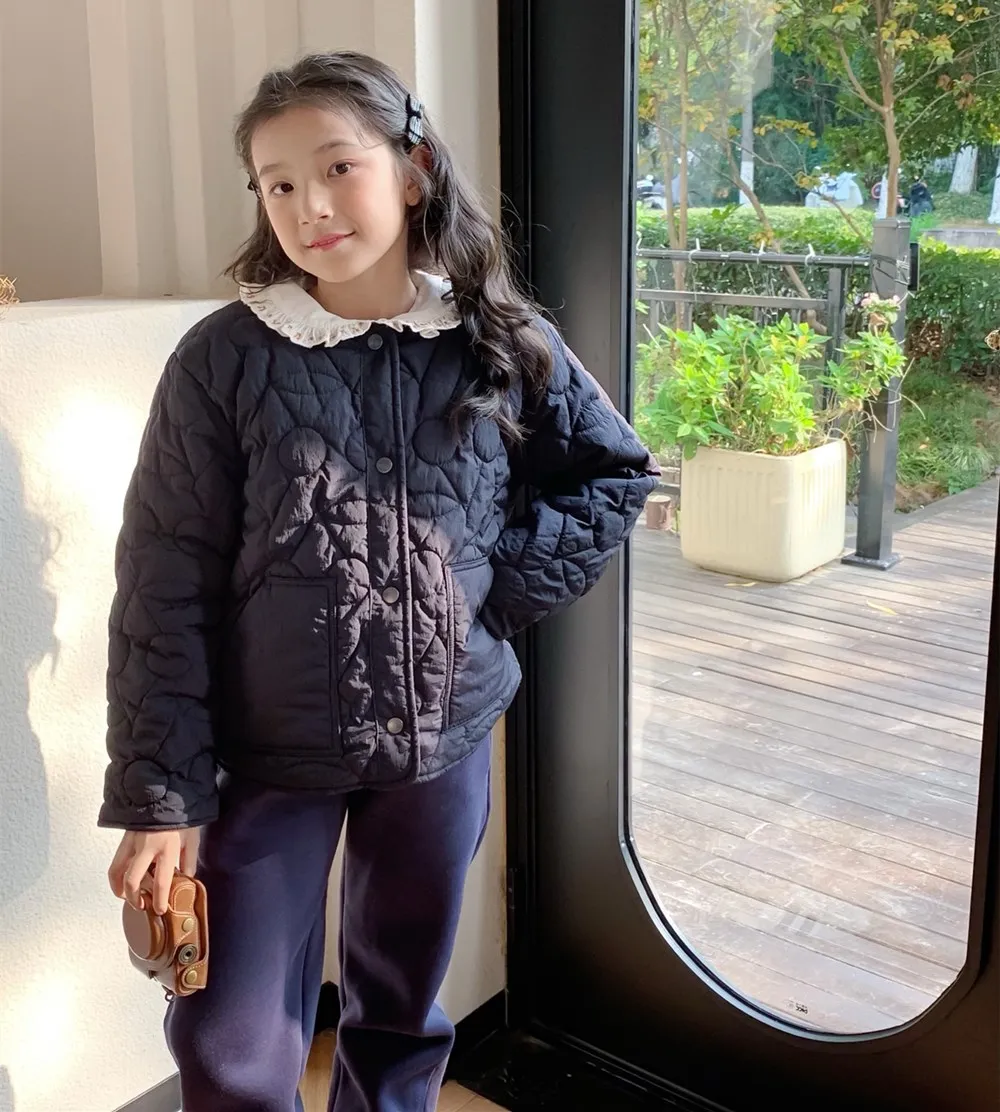 Classic boys' and girls' jackets baby clothes Navy blue cherry pattern embossed French style cotton coat