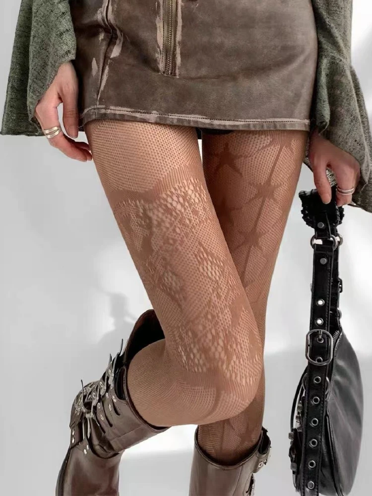 New AB Design Coffee Tights Punk Women Sexy Fishnet Stockings Gothic Lolita JK Sweet Lace Five-pointed Star Print Mesh Pantyhose