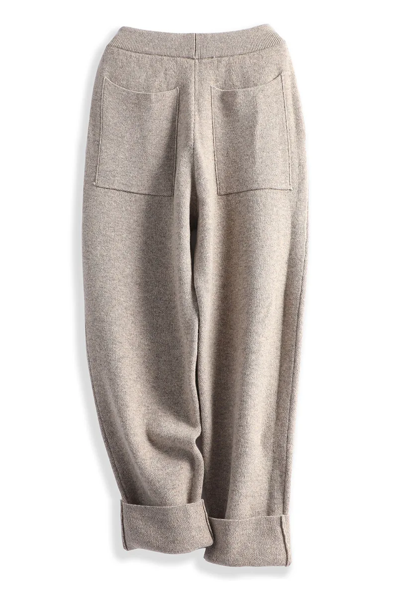 Women Fashion Straight-leg 100% Merino Wool Pants Cashmere Soft Solid Color Trousers Simple And Comfortable