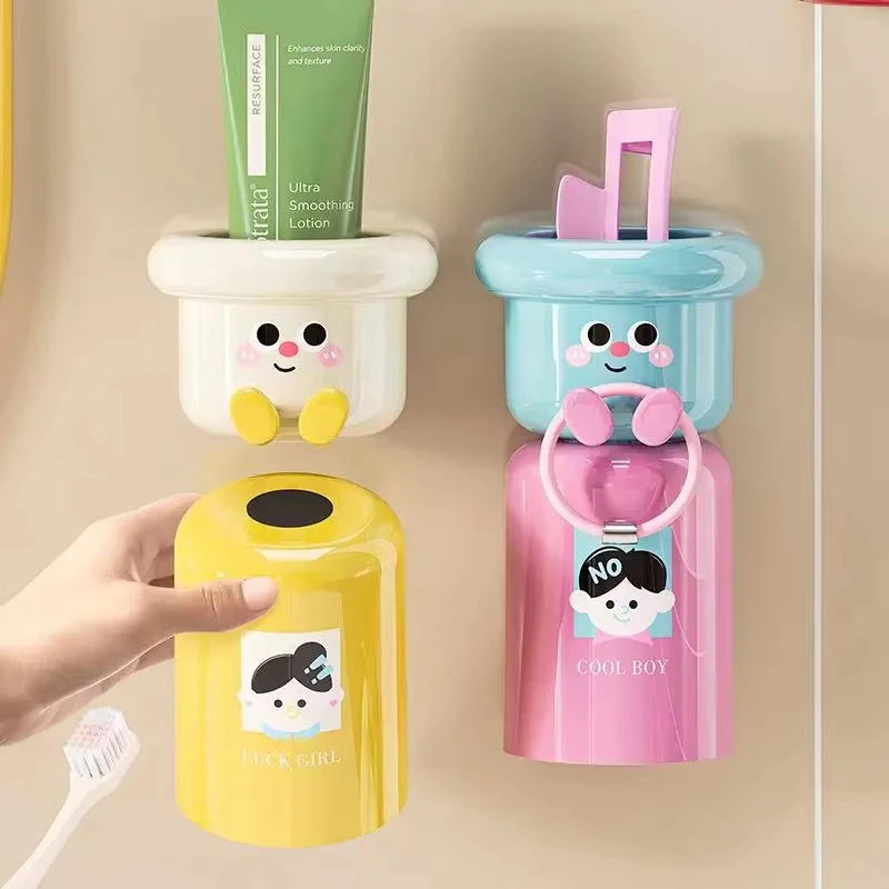 Cartoon Magnetic Toothbrush Holder Punch-Free Upside Down Wall Mounted Bathroom Storage Rack Gargle Cup Organizer