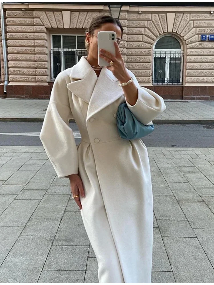 Women Woolen Coat Thick Lapel Lantern Sleeve Office Lady Long Jackets Fall Winter Double-Breasted New In Outerwears Female Coats