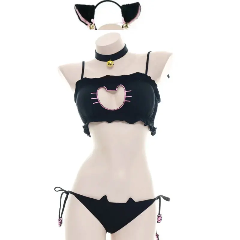 Erotic Hot Cosplay Uniform Bra Panties Set Women Intimates Kawaii Lolita Hollow Bra Kit Japanese Anime Cat Uniform Sexy Costumes view 2