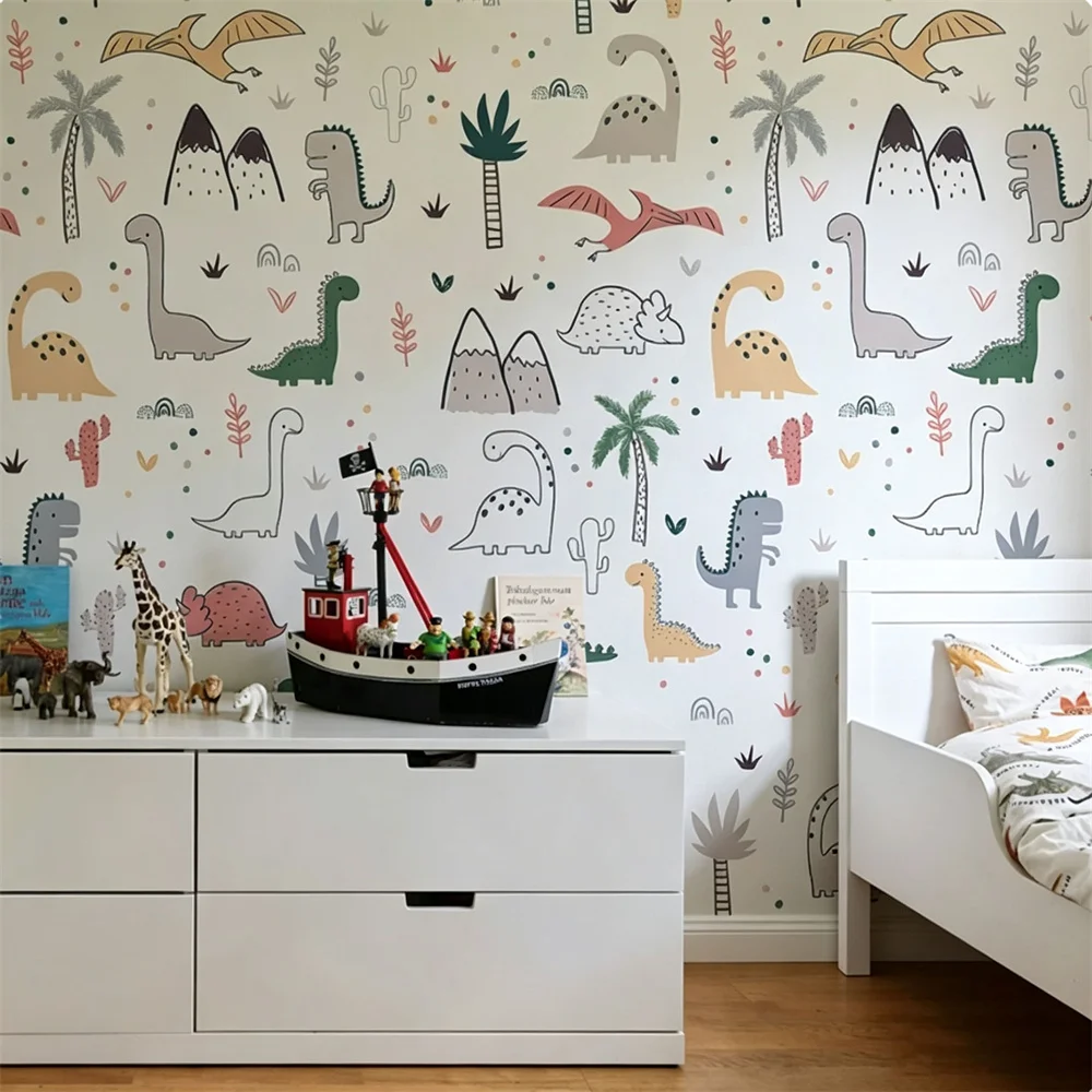 Cute Dinosaur Bedroom Background Wallpaper Nordic Style Boys and Girls Children's Room Bedhead Custom Mural