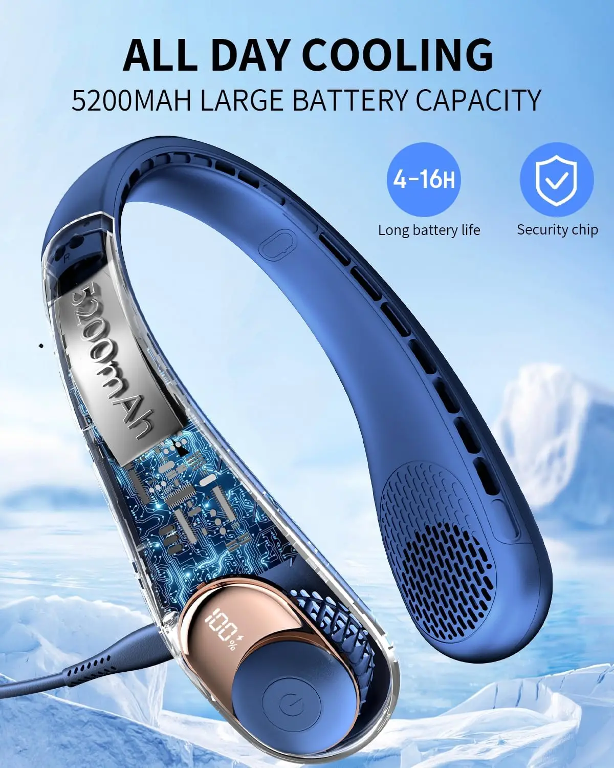 مروحة الرقبة مع مؤشر LED USB-C شحن بطارية طويلة الأمد مروحة خالية من الشفرة بدون استخدام اليدين مع 3 سرعات قابلة للتعديل وهادئة للغاية