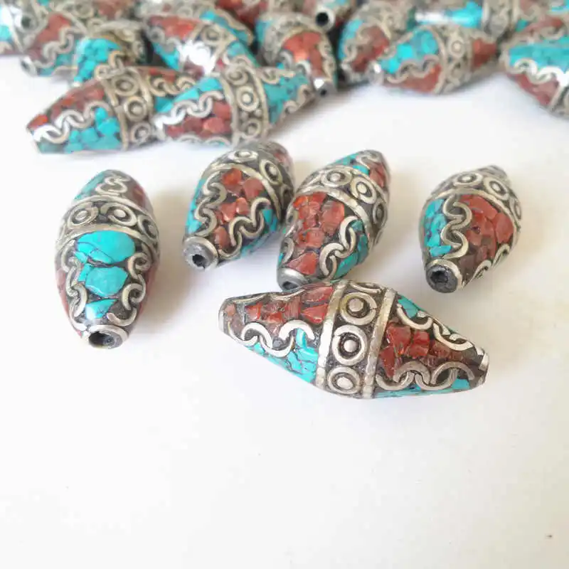 5CPS Nepal Hand Beads Brass Inlaid Stone Long Shuttle Beads NBB285