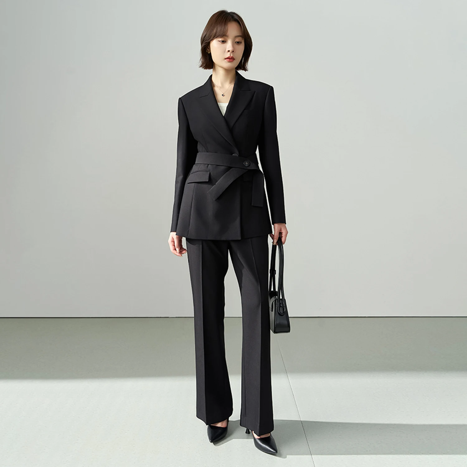 Allingentle – ensemble 2 pièces ivoire pour femmes, tailleur-pantalon avec ceinture, à la mode, pour tenues de bureau personnalisées