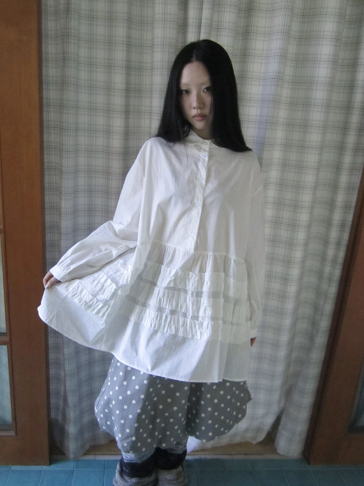 

Angproject Korean Style Long Sleeve Loose Fit Collar Patchwork Women's Shirt Cotton Material Transparent Design Casual Top