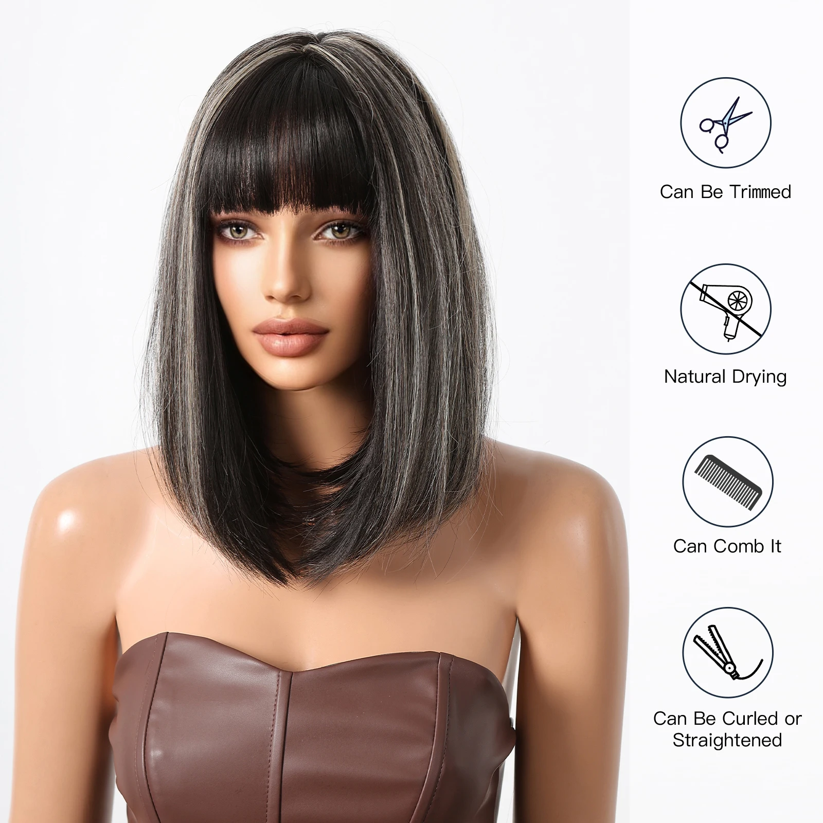 Short Straight Bob Synthetic Wigs With Bangs Black with Brown Highlight Natural Hair Wig Daily Cosplay Wigs Heat Resistant Fiber