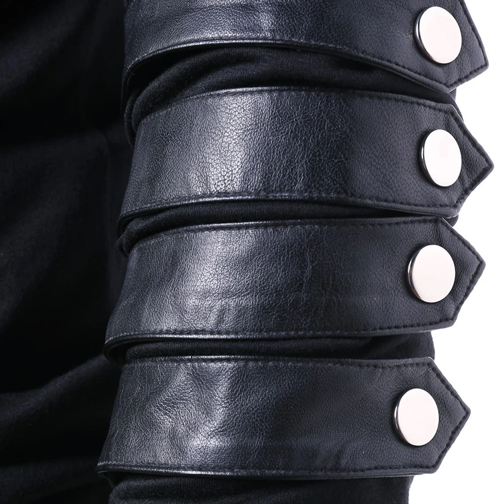 Men Gothic Steampunk Drawcord Lace up Hoodie Medieval Knight Leather Armor Sweatshirt Long Sleeve Stitching Pullover Black