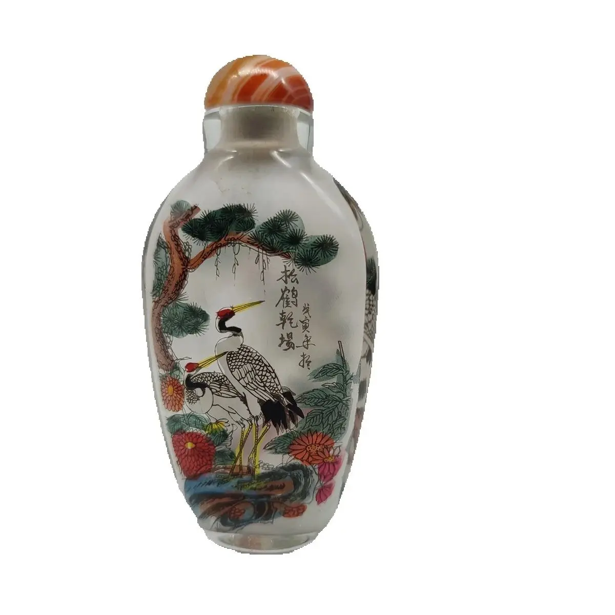 

chinese inside painted glass snuff bottle Inner reverse painting Pine Tree Crane gifts snuffbox peking christmas collect