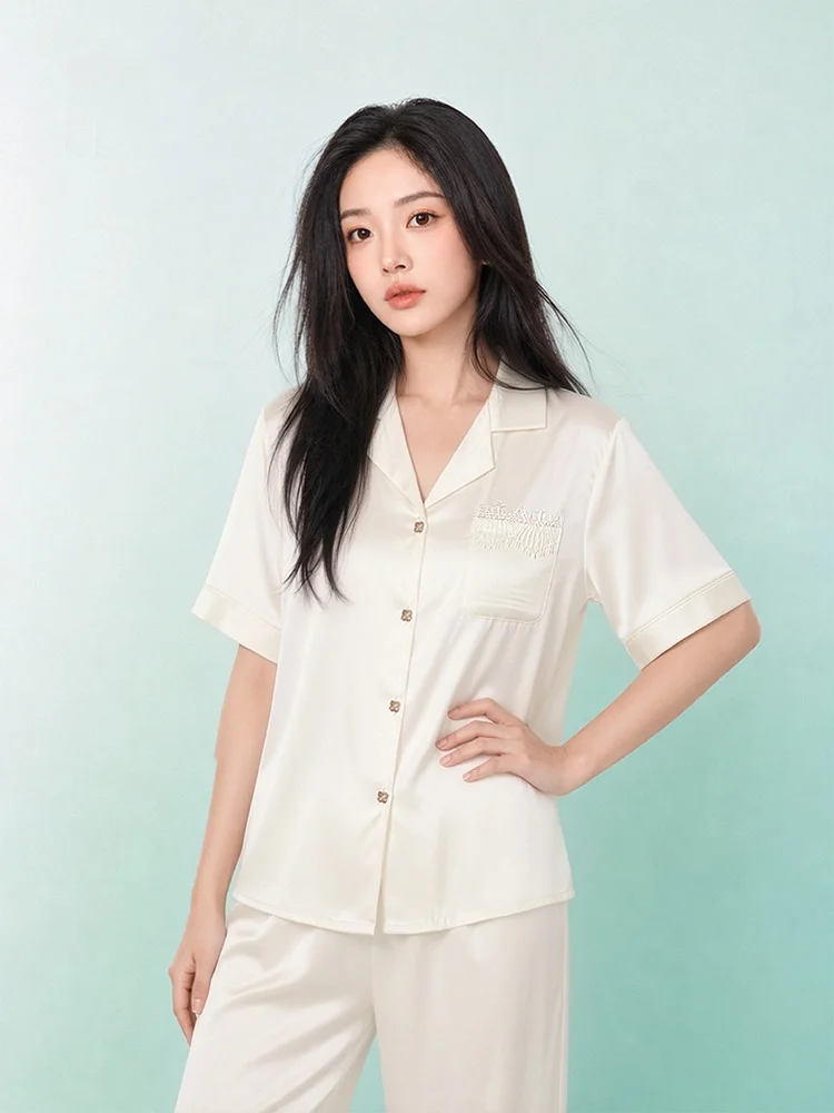 Lace V-Back Ice Silk Short Sleeve Backless Summer Cool Feeling Women's Sleepwear Home Clothes Pinkbread Personalized Trendy L...