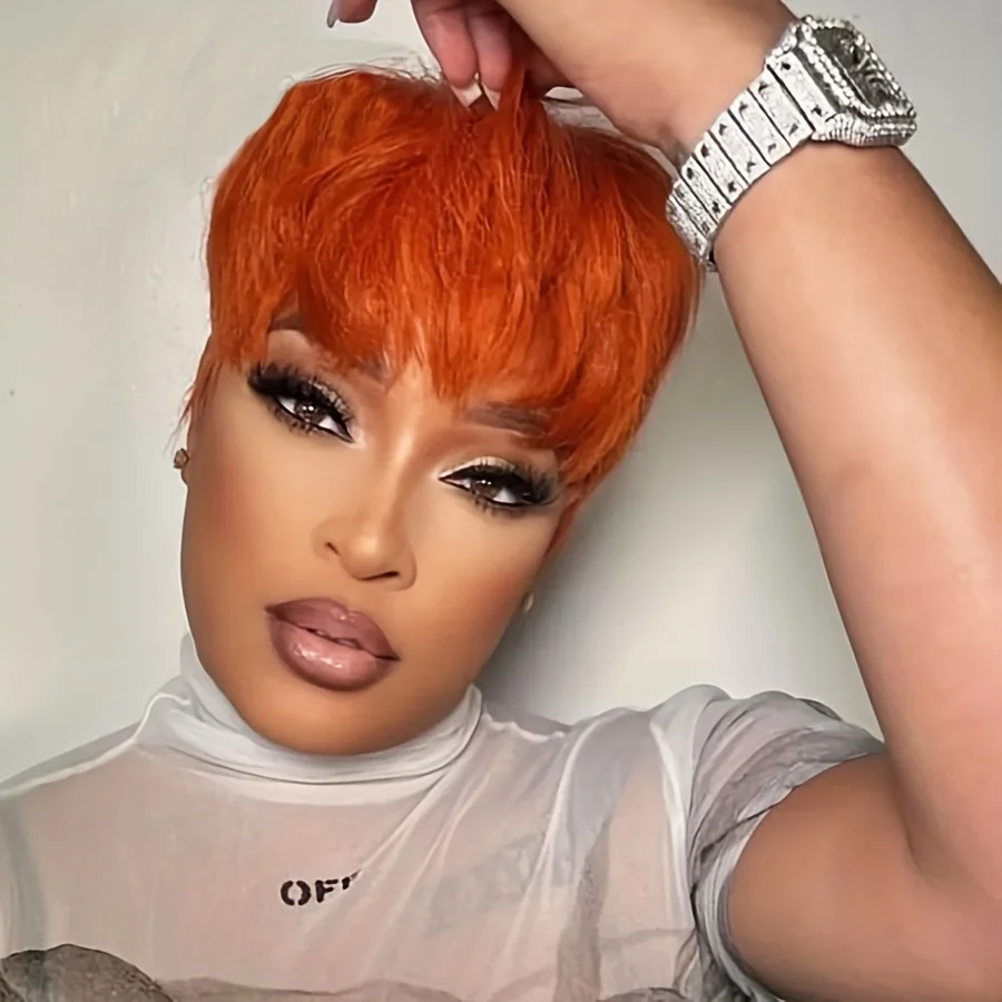 Ginger Color Short Peruvian Hair Wig with Bangs Orange Color full machine made Wig Short Human Hair  Wigs