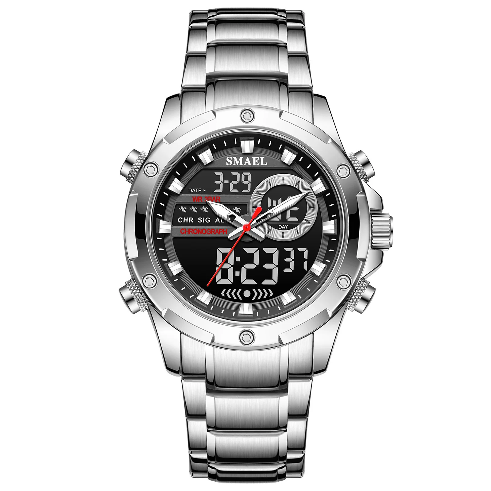 ساعة رجال الأعمال SMAEL 6050، ساعة إلكترونية بحزام فولاذي Wa tch، ساعة كوارتز رياضية مقاومة للماء للرجال مضيئة