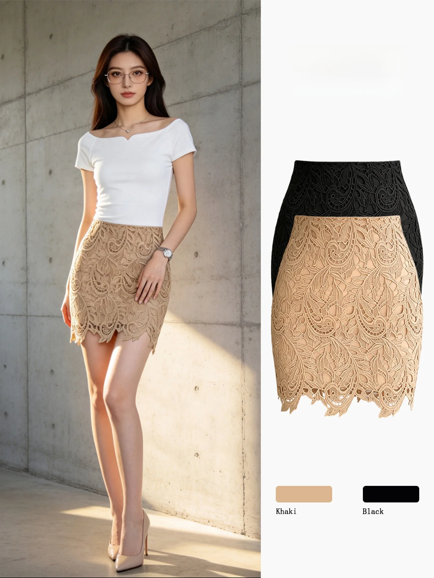 Kaki Color Lace Hollow out Half Skirt Women Summer High Waist Slim Fit Bodycon Short Skirt Anti-Light Pure Desire Sexy Girl