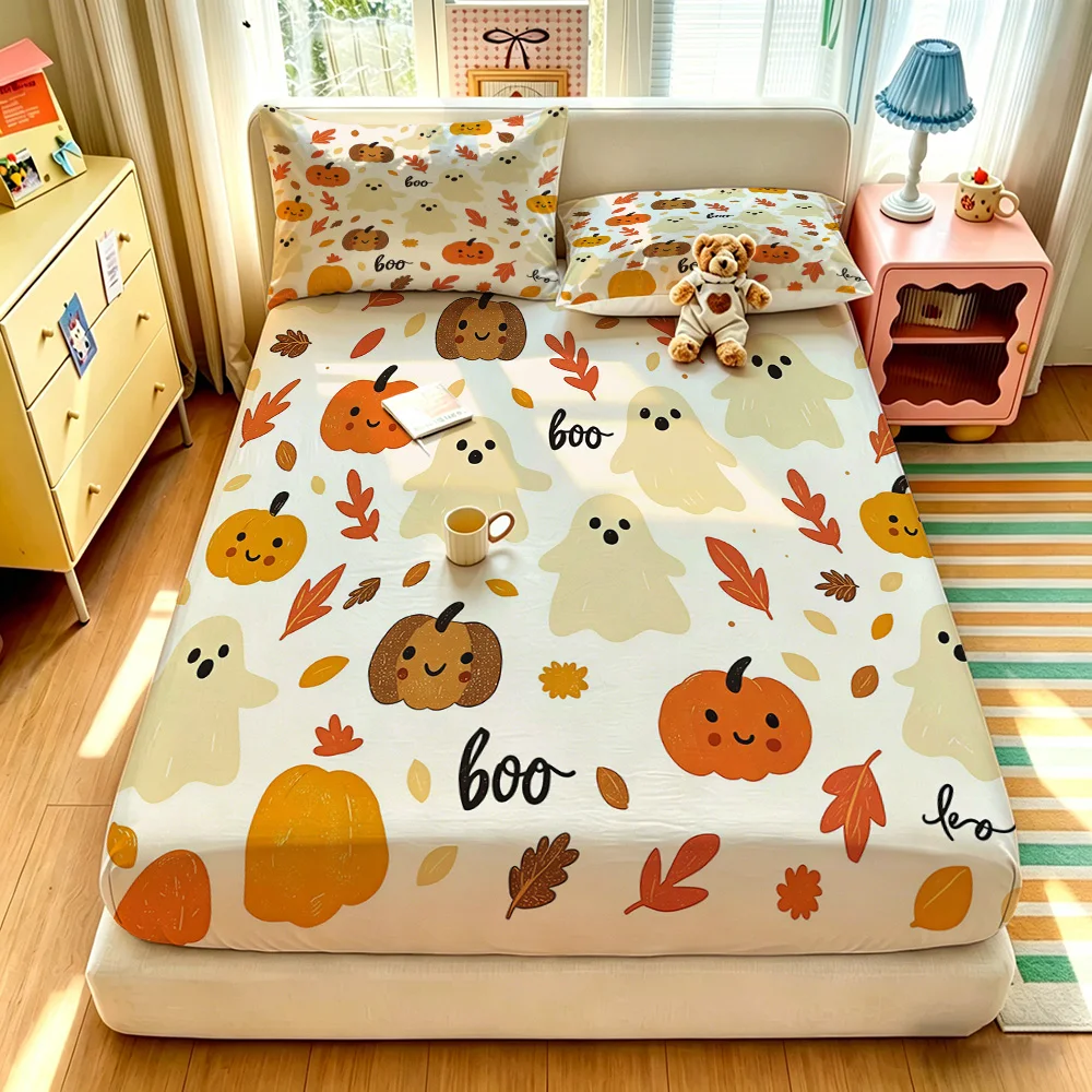 3pcs(1 duvet cover + 2 pillowcases, coreless) Halloween ghost pumpkin and leaf on the bedding set available in multiple sizes