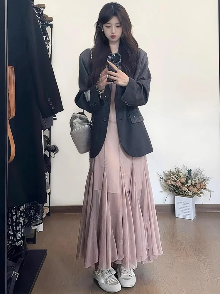 Marie Women's Loose Fit Grey Suit Jacket Casual Commute Style Spring Fashionable Versatile Top Long Sleeve Polyester Fiber