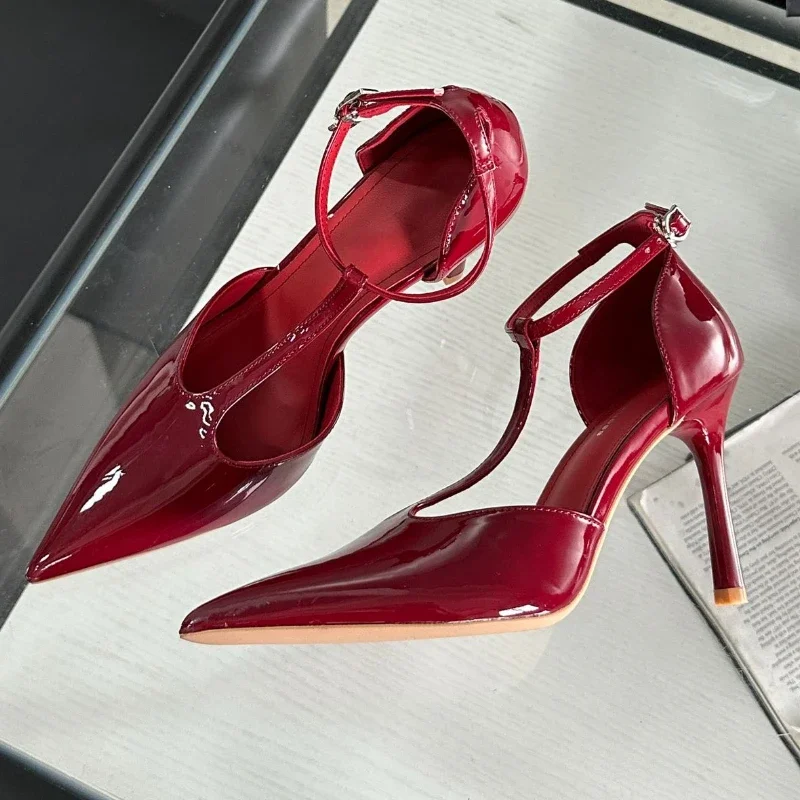 Sexy Red High Heels Women Pointed Toe Party Dress Shoes T-Strap Patent Leather Elegant Slingback Thin Heels Female Sandals Women