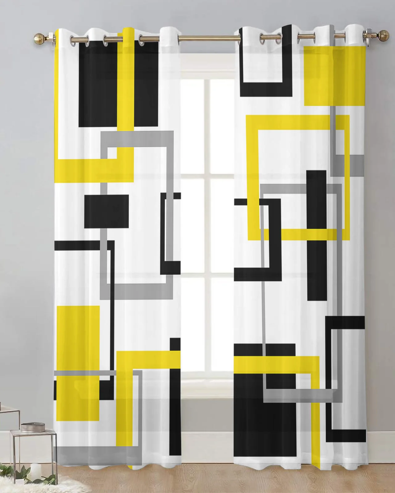 Cortinas Sheer com quadrados geometria abstrata, Tulle Voile Cortinas, Arte Moderna, preto e amarelo, Sala e Cozinha Janela