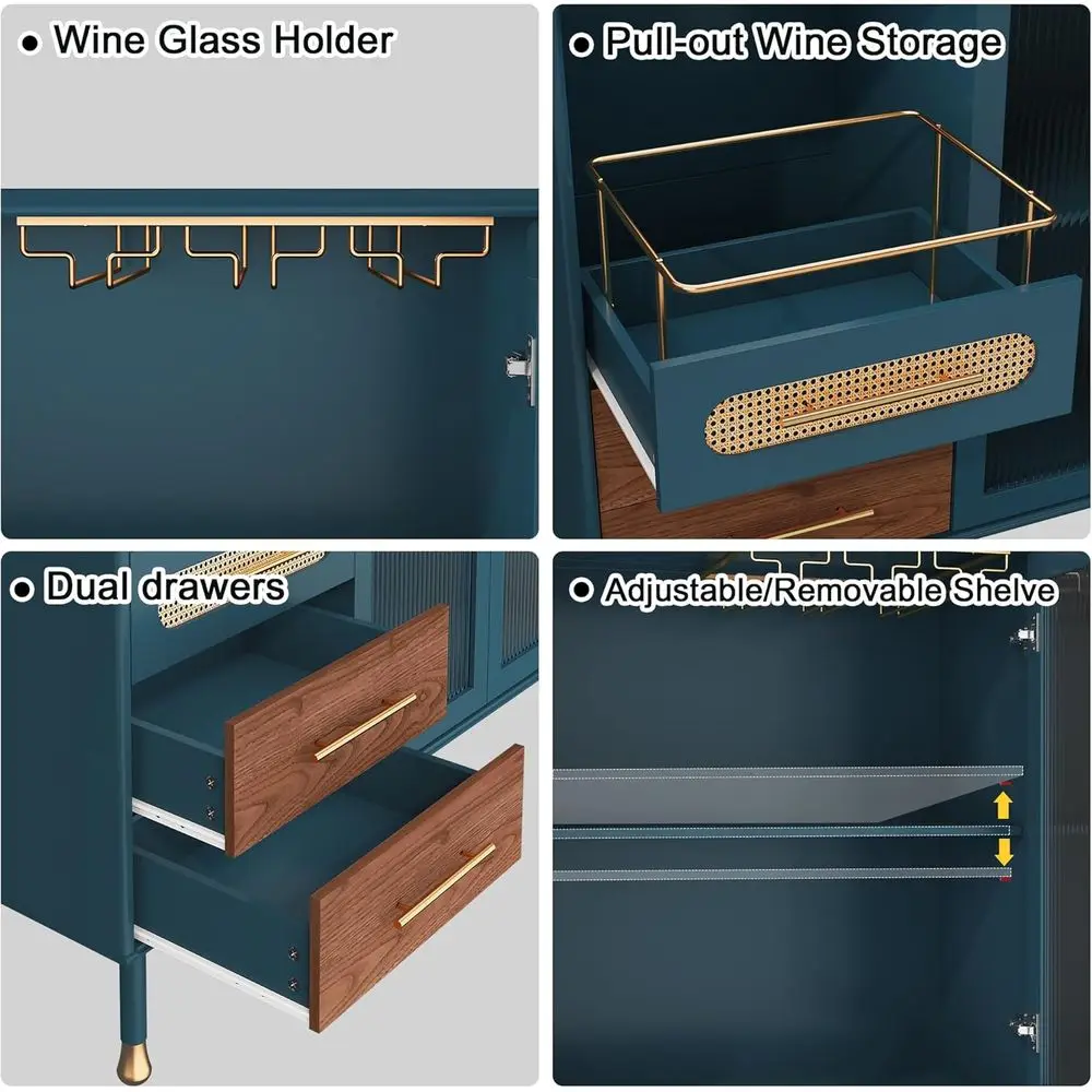 خزانة بار القهوة الحديثة الزرقاء مع رفوف النبيذ والأدراج والتخزين القابل للسحب للمطبخ وتناول الطعام وغرفة المعيشة #4