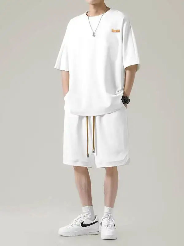 

Ice Silk Casual Sports Set Men's Summer ort Sve T-irt orts Two-Piece Loose Fit Large Size Youth Polyester Fiber