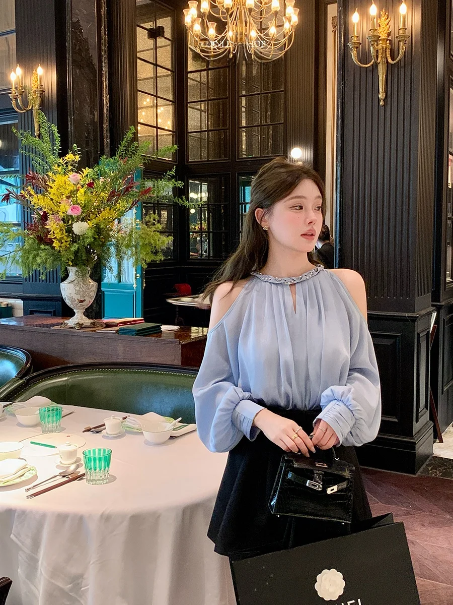 

Синий топ с длинными рукавами и открытыми плечами для женщин, высококачественный, в корейском стиле, свободного кроя, из полиэстера.