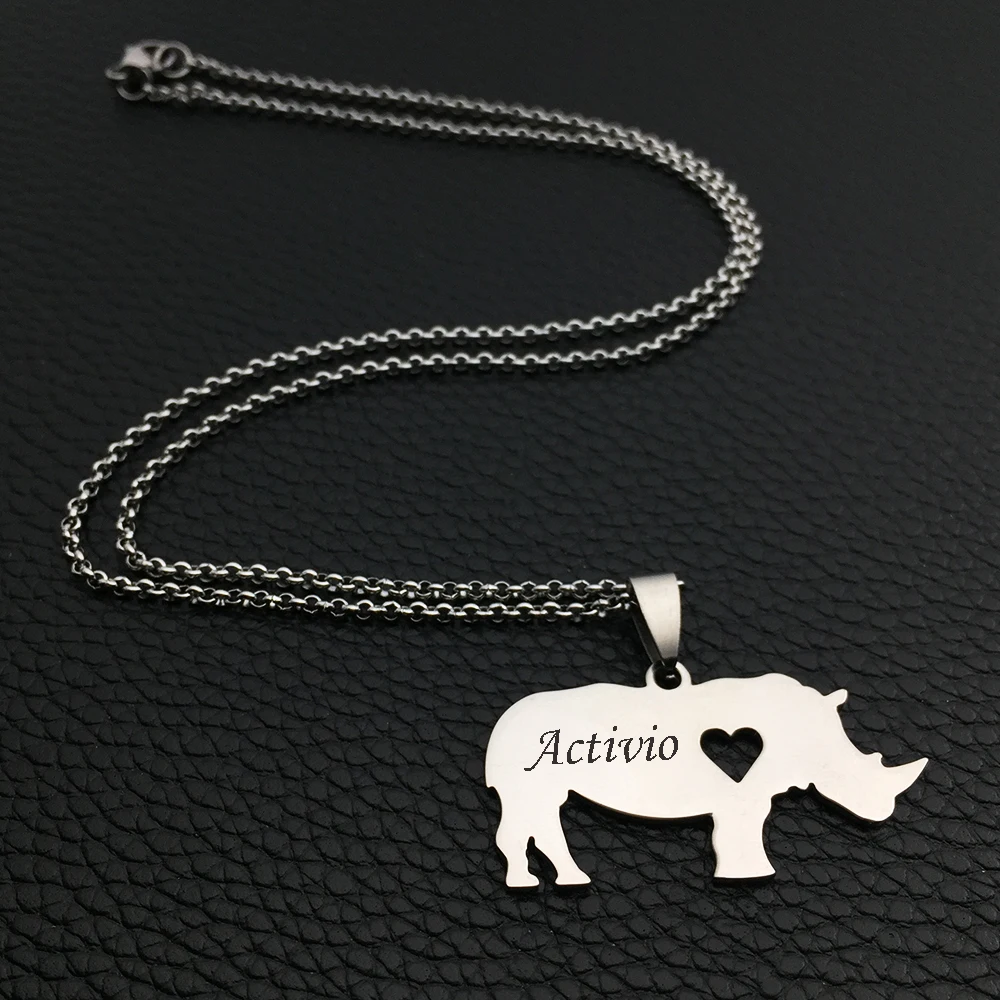 Personalized Engraved Name Stainless Steel Rhino Necklace Simple Animal Protector Pendant for Fashion Jewelry Gift YP6375