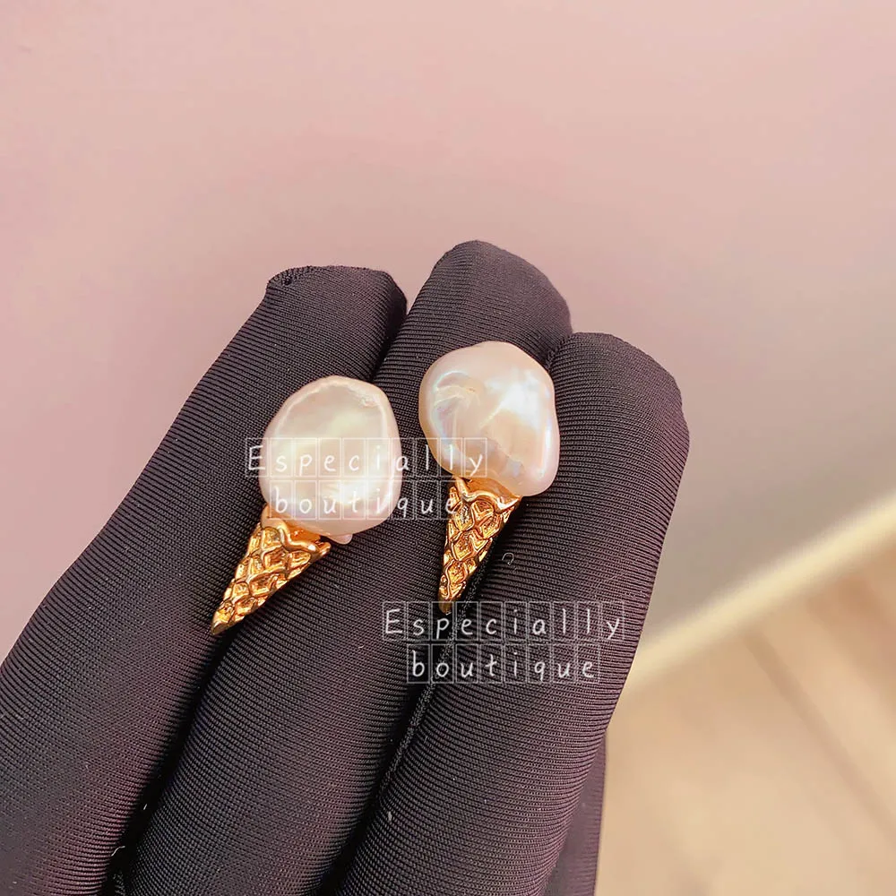 Japan Korea natural freshwater baroque shaped pearl earrings ice cream elegant women classic cute stud earring