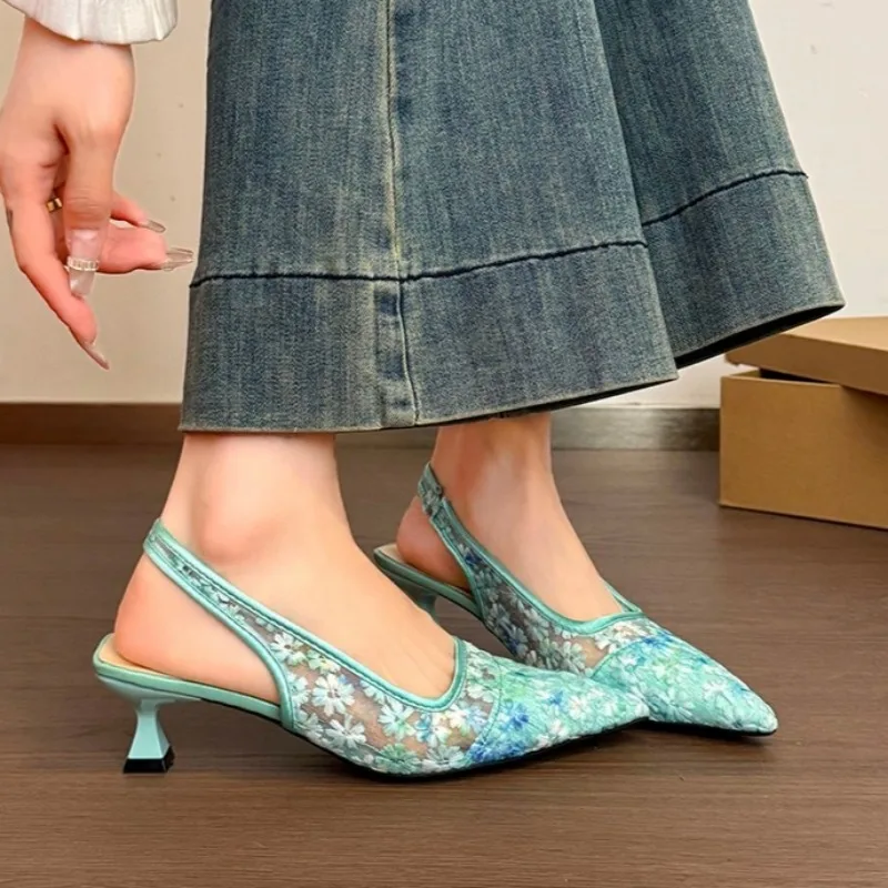 

Французские элегантные женские босоножки на высоком каблуке, модные туфли-мюли с острым носком, летние сетчатые туфли-сандалии для женщин